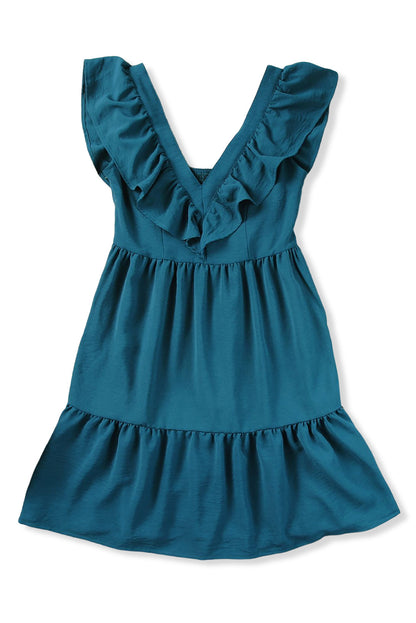 Blue Ruffle Trim V Neck Casual Smocked Back Mini Dress