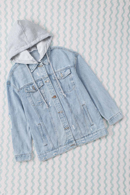 Light Blue Button Up Ripped Hooded Denim Jacket