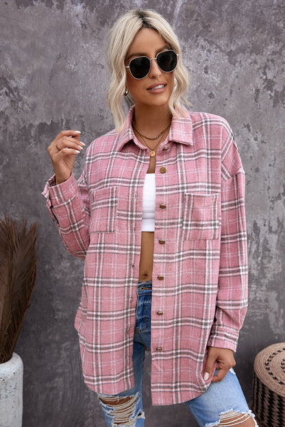 Black Casual Plaid Pattern Buttoned Shirt Shacket with Slit