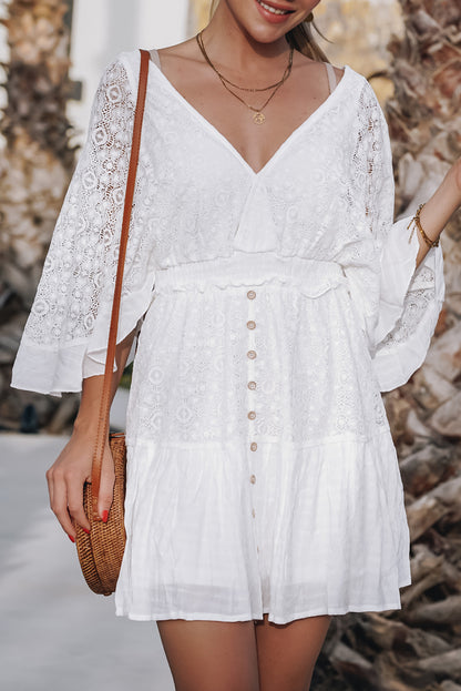 White V Neck Flutter Sleeve Short Crochet Lace Dress