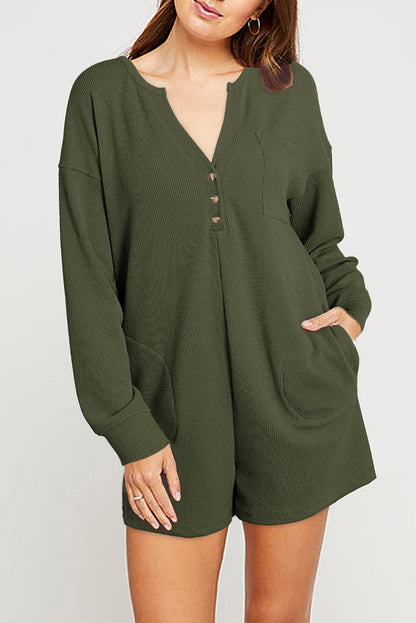Green Henley V Neck Pocketed Ribbed Romper