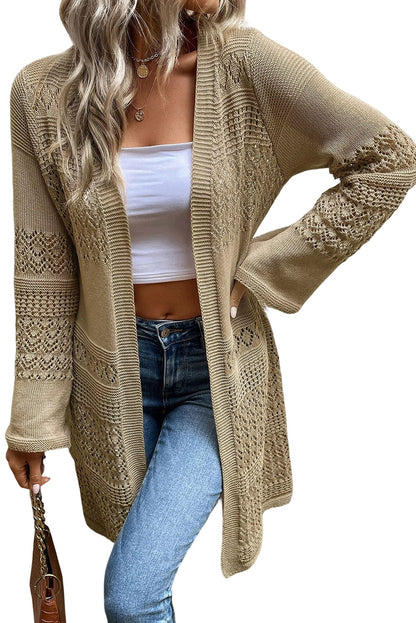 Black Pointelle Knit Open Front Long Cardigan