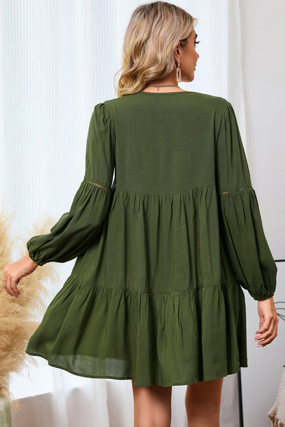 Verdant Bishop Sleeve Tie Front Tiered Pleated Short Dress