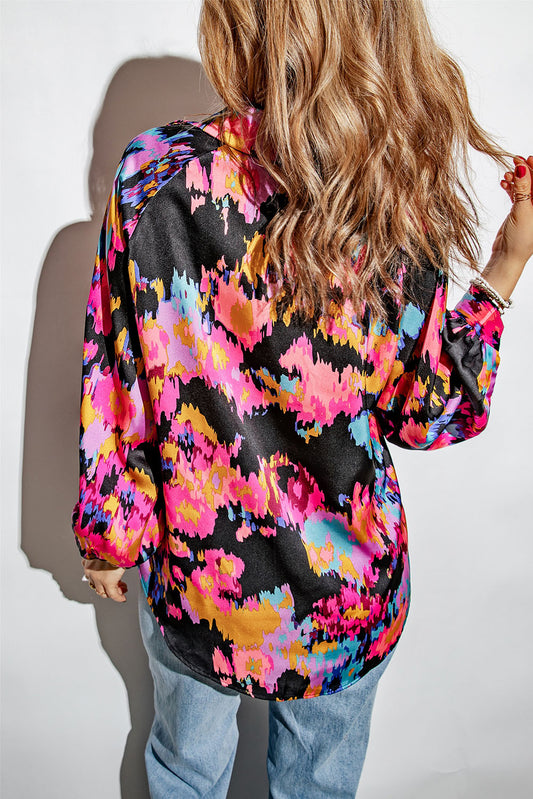 Green Graffiti Colorblock Casual V Neck Puff Sleeve Blouse