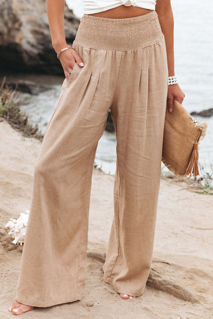 Brown Smocked Wide Waistband High Waist Wide Leg Pants