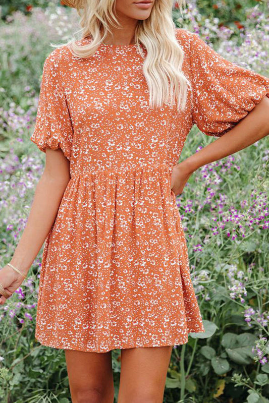 Orange Floral Boho Bishop Sleeve Short Dress