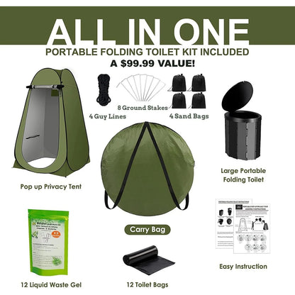 X Large Camping Folding Toilet, 12 Toilet bags, 12 pack Liquid Waste