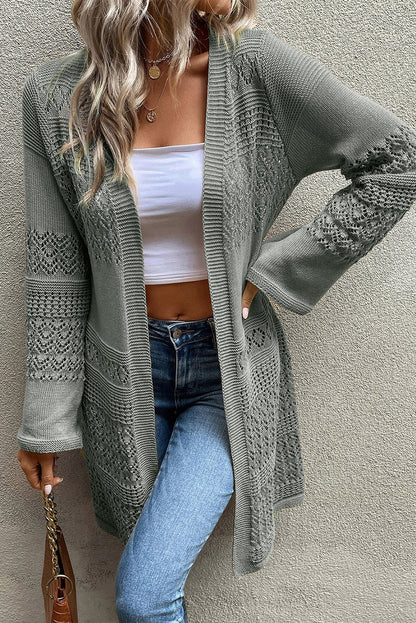 Black Pointelle Knit Open Front Long Cardigan