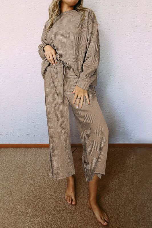 Dark Brown Textured Loose Slouchy Long Sleeve Top and Pants Set