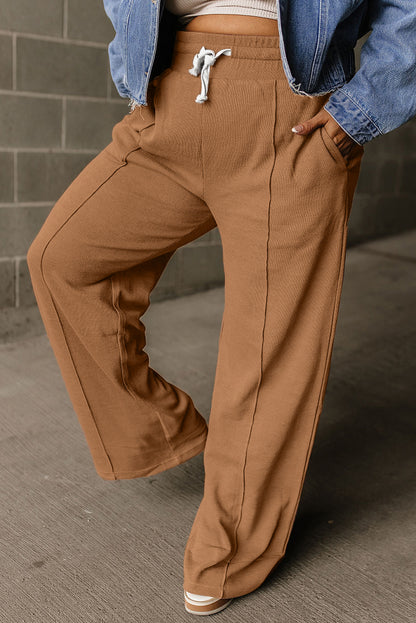 Coffee Drawstring High Waist Wide Leg Waffle Knit Pants