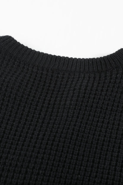 Grey Button Notched Neck Drop Shoulder Waffle Knit Sweater Dress