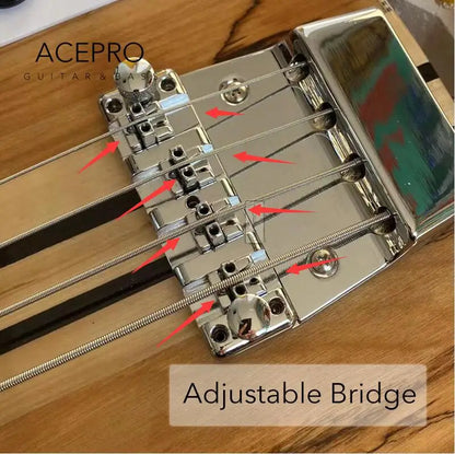 5-piece Neck Thru Body Red Electric Bass Guitar with Adjustable Bridge, Checkerboard Binding