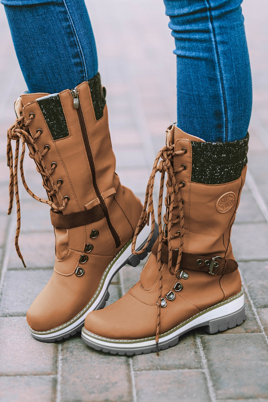 Coffee Round Toe Lace Up Zipper Casual Boots