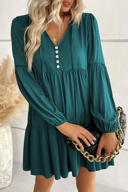 Verdant Bishop Sleeve Tie Front Tiered Pleated Short Dress