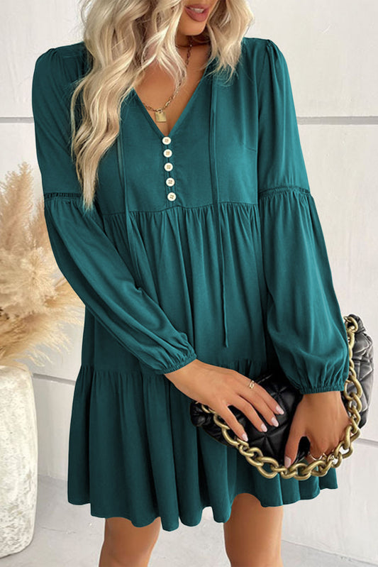 Verdant Bishop Sleeve Tie Front Tiered Pleated Short Dress