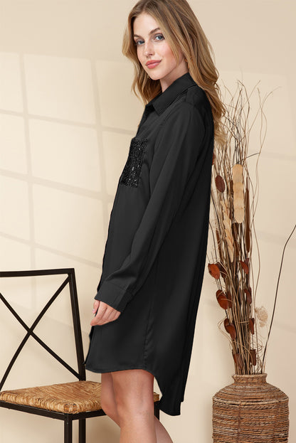 Khaki Sequin Splicing Pocket Button Shirt Dress