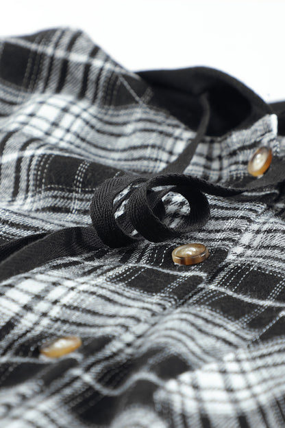 Khaki Drawstring Plaid Hooded Shirt Shacket
