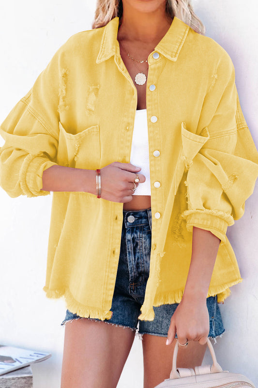 Yellow Distressed Raw Hem Denim Jacket with Chest Pockets