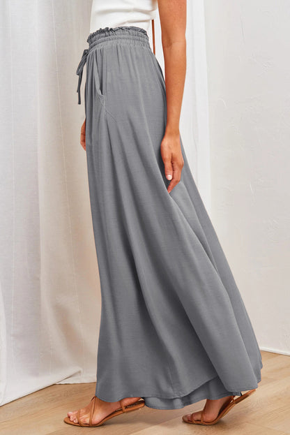 Beige Drawstring Smocked High Waist Wide Leg Pants