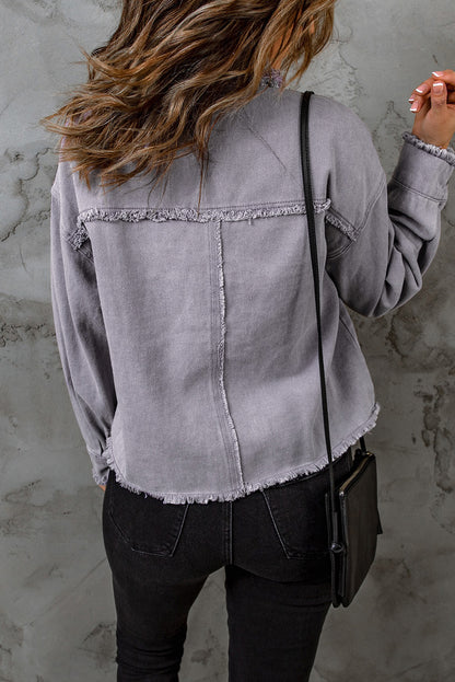 Green Distressed Flap Pockets Frayed Hem Denim Jacket