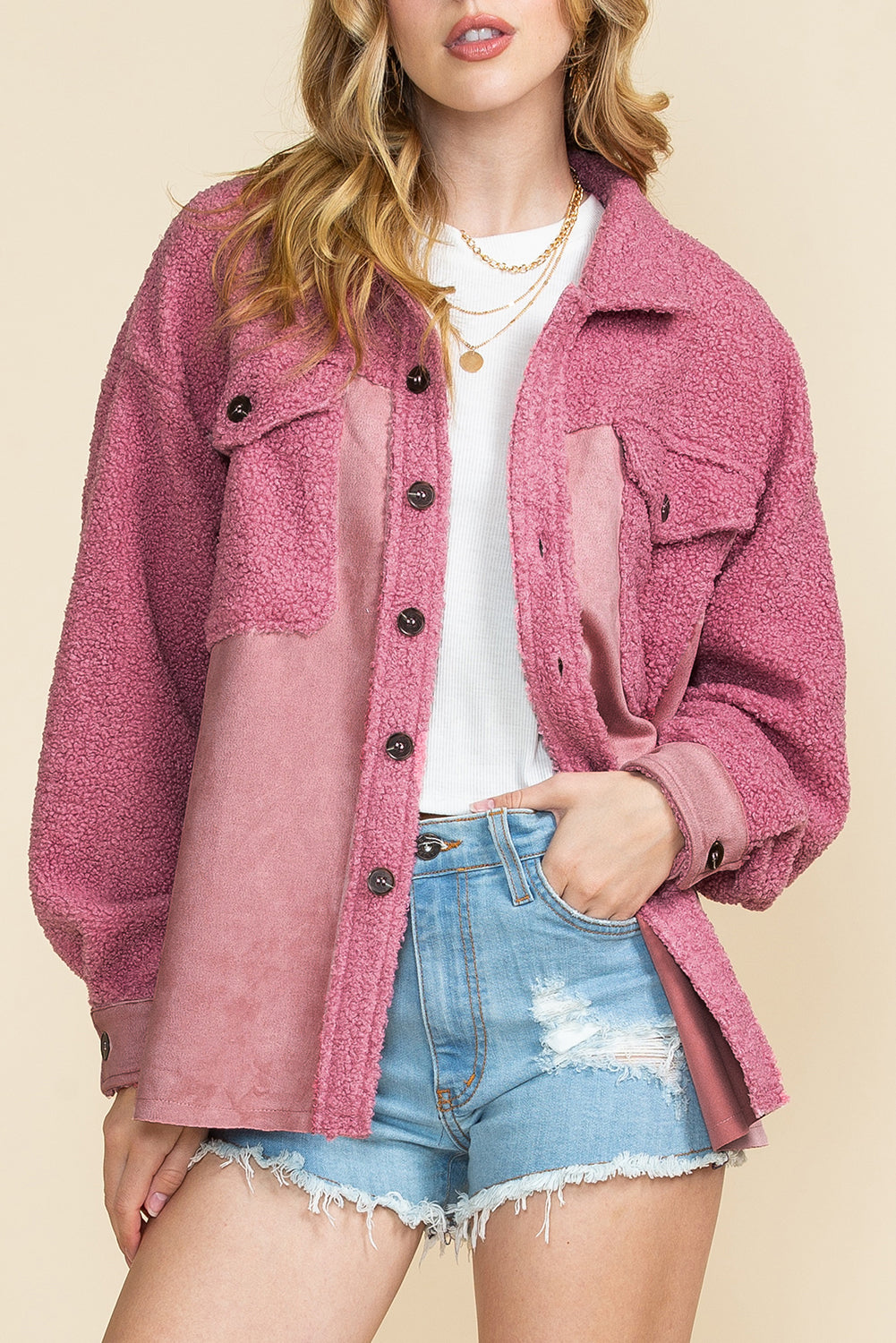 Pink Colorblock Buttoned Flap Pocket Sherpa Jacket