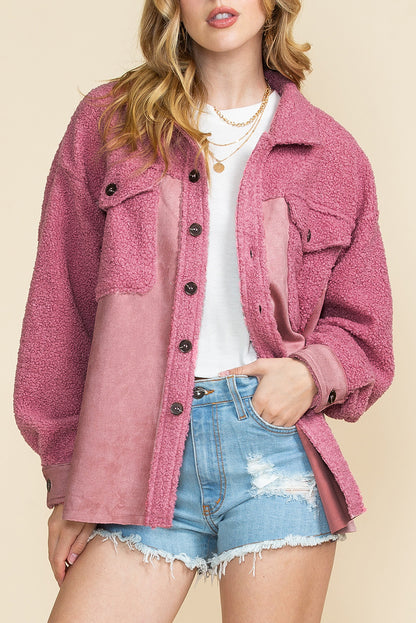Pink Colorblock Buttoned Flap Pocket Sherpa Jacket