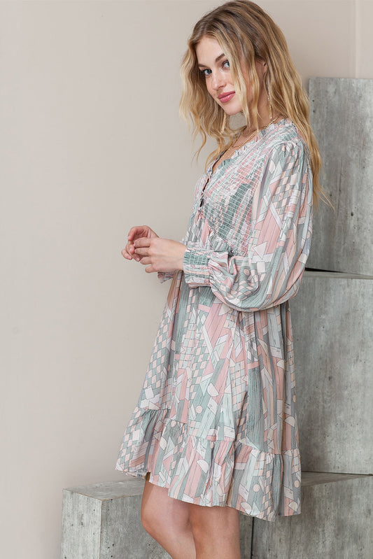 Multicolor Abstract Print Bishop Sleeve Smocked V Neck Dress