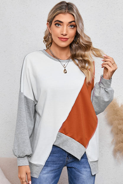 Pink Colorblock Stitching Irregular Hem Long Sleeve Top
