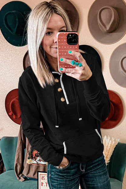 Beige Drawstring Kangaroo Pocket Henley Hoodie