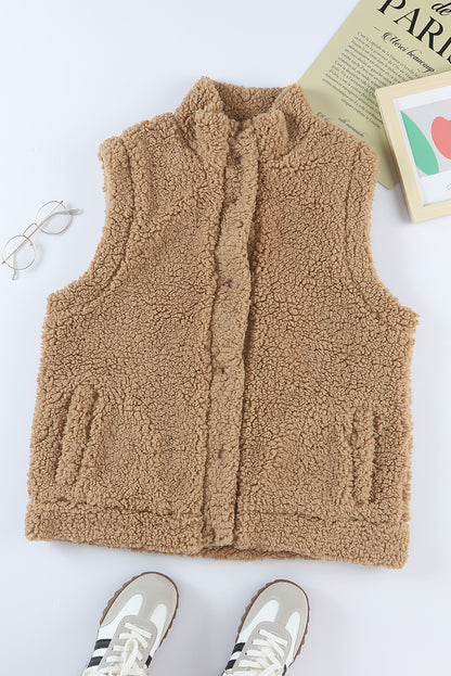 Green Snap Button Collared Stand Neck Sherpa Vest