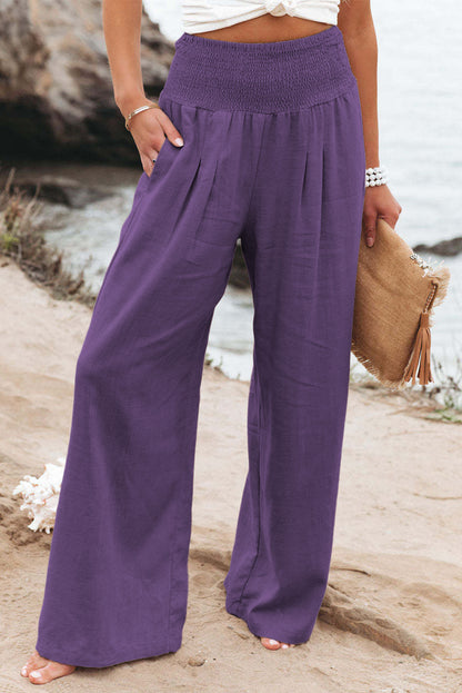Brown Smocked Wide Waistband High Waist Wide Leg Pants