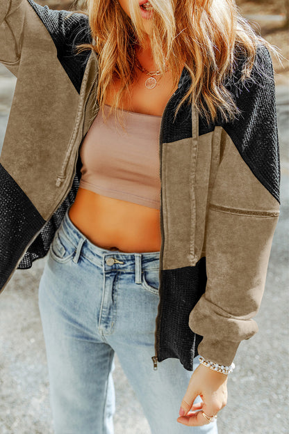Khaki Dark Washed Patchwork Zip Up Hooded Jacket