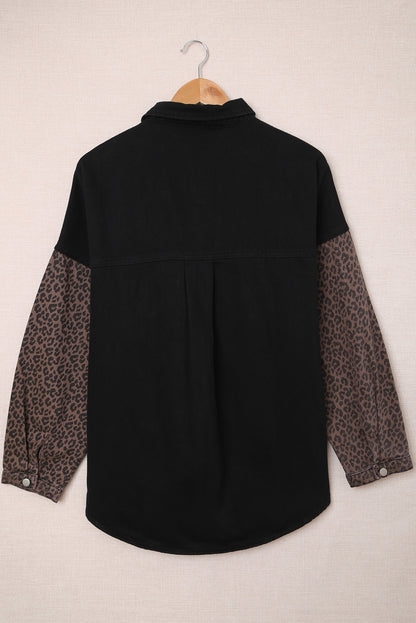 Black Contrast Leopard Denim Shacket