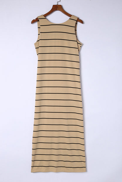 Brown Striped Backless Casual Side Slits Maxi Dress