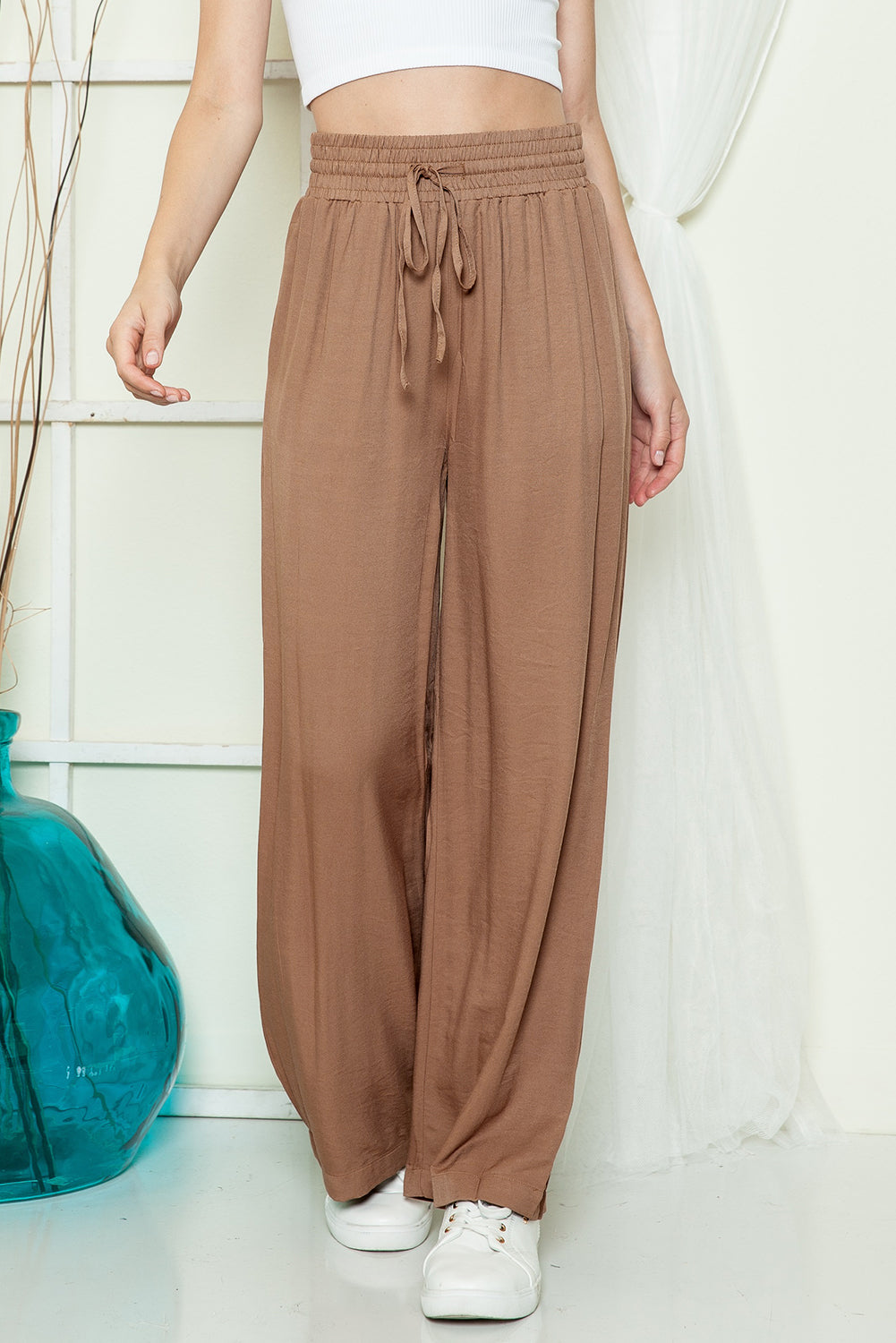 Black Casual Drawstring Shirred Elastic Waist Wide Leg Pants