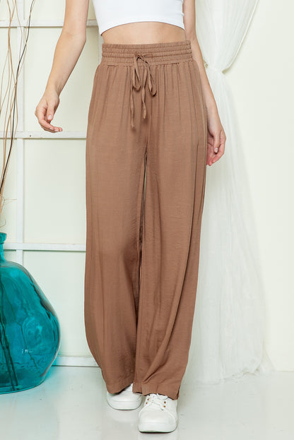 Black Casual Drawstring Shirred Elastic Waist Wide Leg Pants