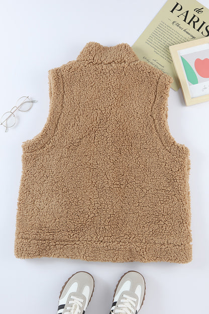 Green Snap Button Collared Stand Neck Sherpa Vest