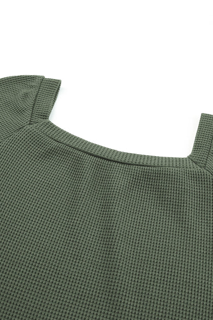Pink Waffle Texture Casual Square Neck Pullover Top