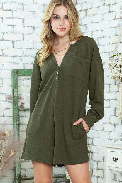 Green Henley V Neck Pocketed Ribbed Romper