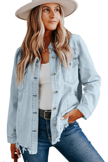Light Blue Flap Pocket Buttoned Raw Hem Denim Shacket