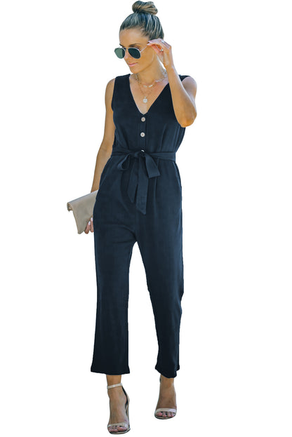 Blue V Neck Button Belted Jumpsuit With Pockets