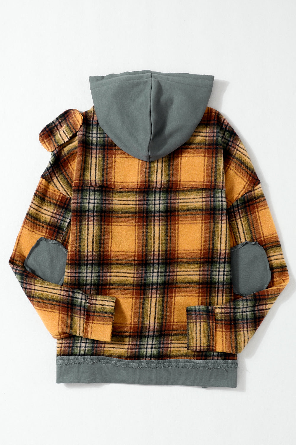 Orange Plaid Patchwork Frayed Trim Snap Button Hooded Jacket