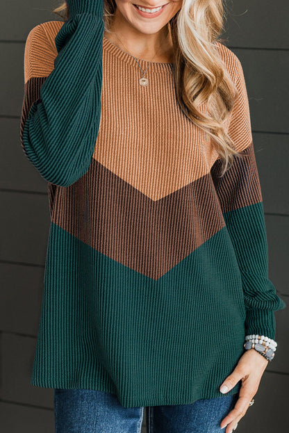 Navy Blue Color Block Corded Tunic Long Sleeve Top