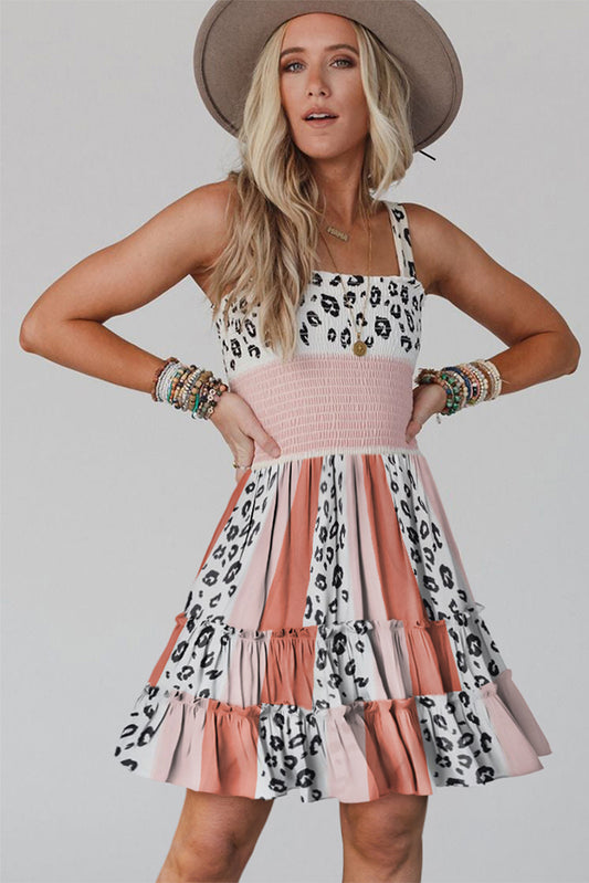 Orange Leopard Striped Strap High Waist Smocked Short Dress