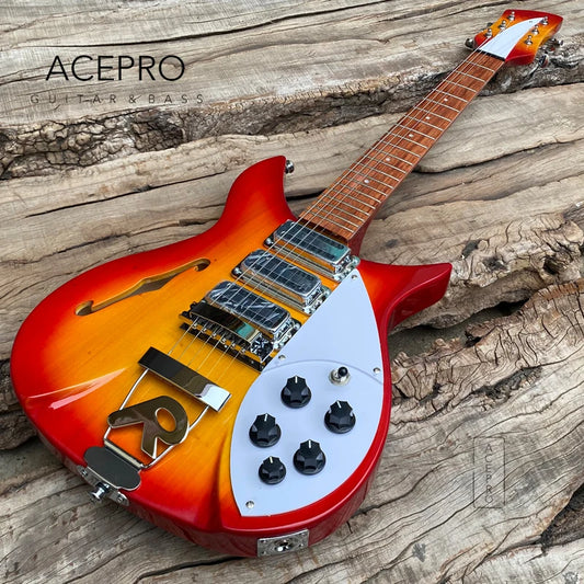 325 F hole Semi Hollow Body Electric Guitar Cherry Burst Three Mini Humbuckers, 20.75" Scale Length, Tailpiece Bridge