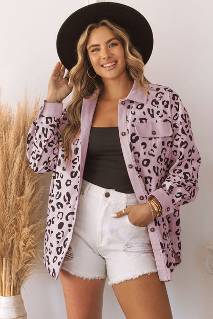 Apricot Leopard Collared Neckline Flap Pockets Corduroy Shacket