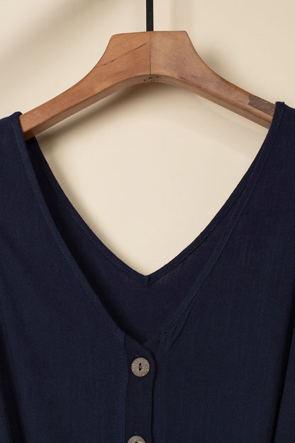 Blue V Neck Button Belted Jumpsuit With Pockets