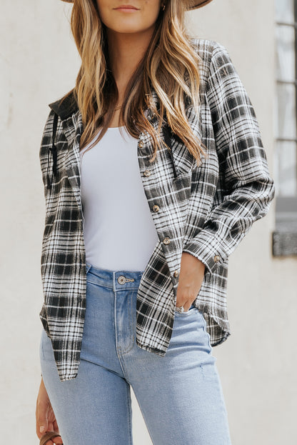 Khaki Drawstring Plaid Hooded Shirt Shacket