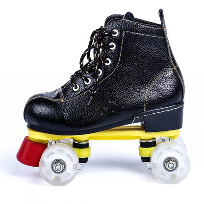 Genuine Leather Training Quad Roller Skates Shoes with Flash Wheels