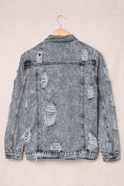 Grey Distressed Buttons Washed Denim Jacket